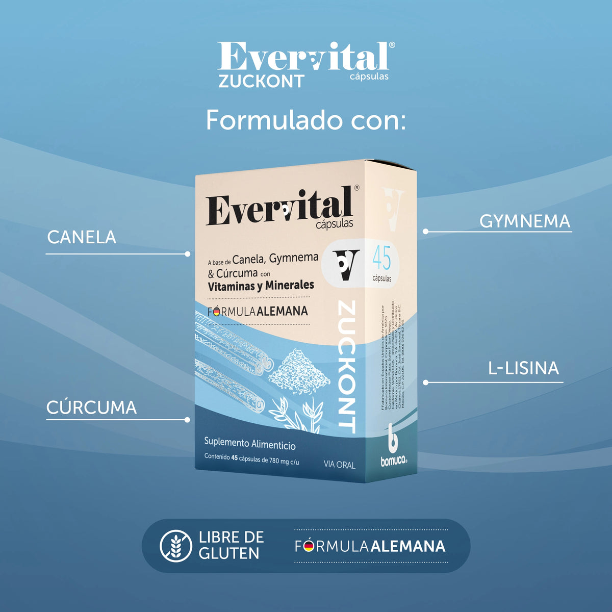 Zucront Capsulas Evervital® Zuckont 45 Cápsulas | Canela, gymnema y cúrcuma – Bomuca