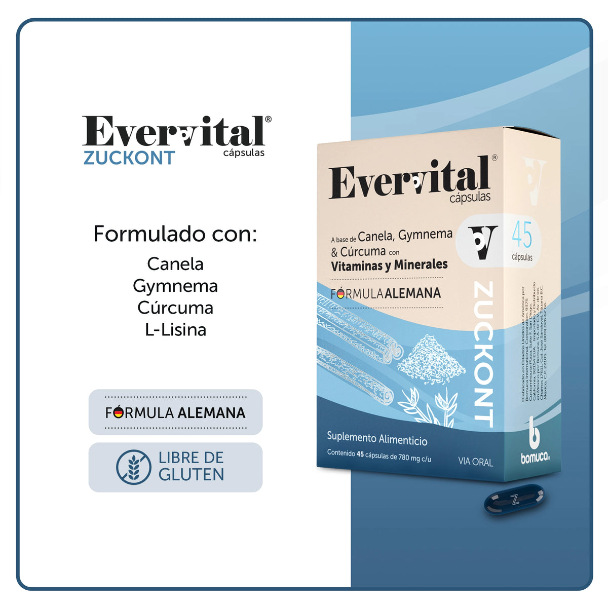 Zucront Capsulas Evervital® Zuckont 45 Cápsulas - Caja con 6 piezas | Canela, gymnema y ...